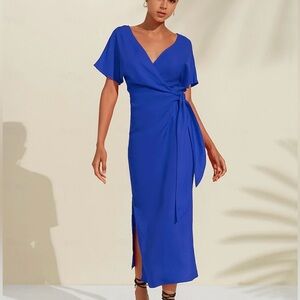 ADOR Tencel Linen V Neck Shirred Wrap Midi Dress In Royal Blue Size Small